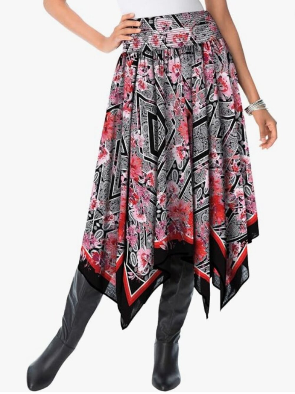 Roaman's Handkerchief Hem Skirt - 26 W, Floral Bandana Border Red